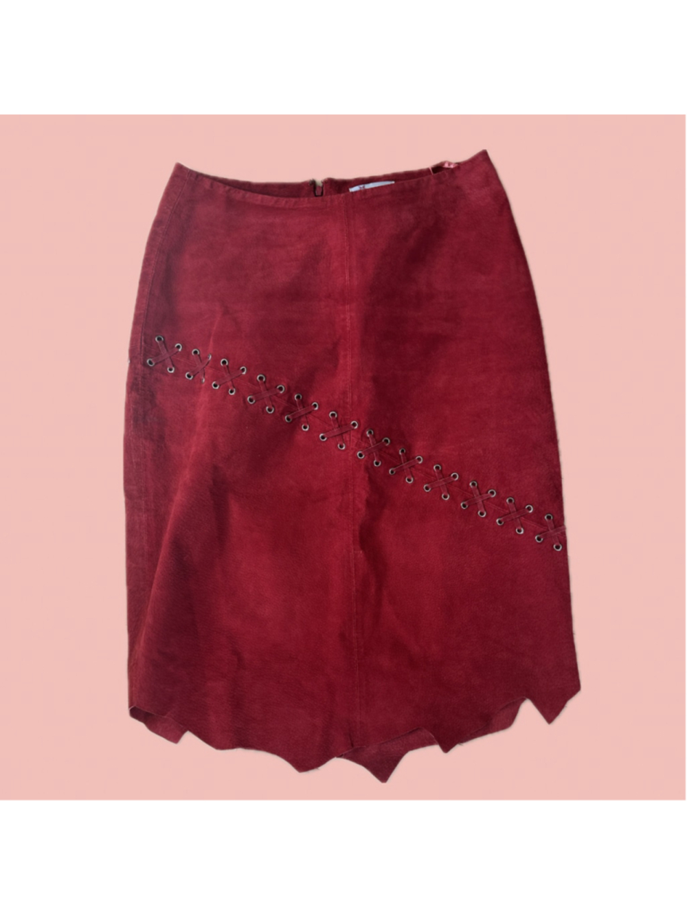Vintage Y2K Manhattan Red Genuine Suede Leather Lace-Up Midi Skirt Size 7